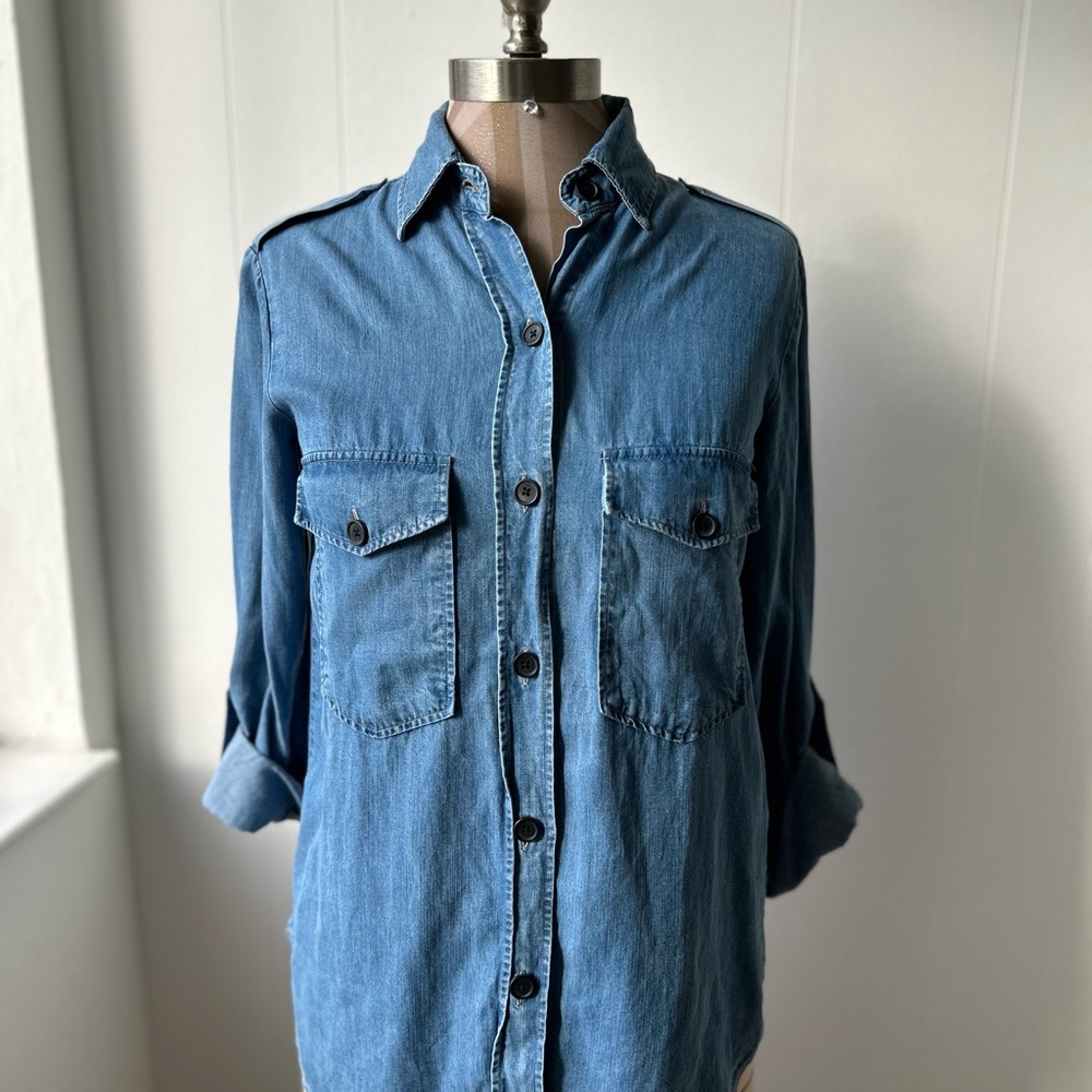 Zara Women’s Casual Blue Button Down Shirt Tencel XS